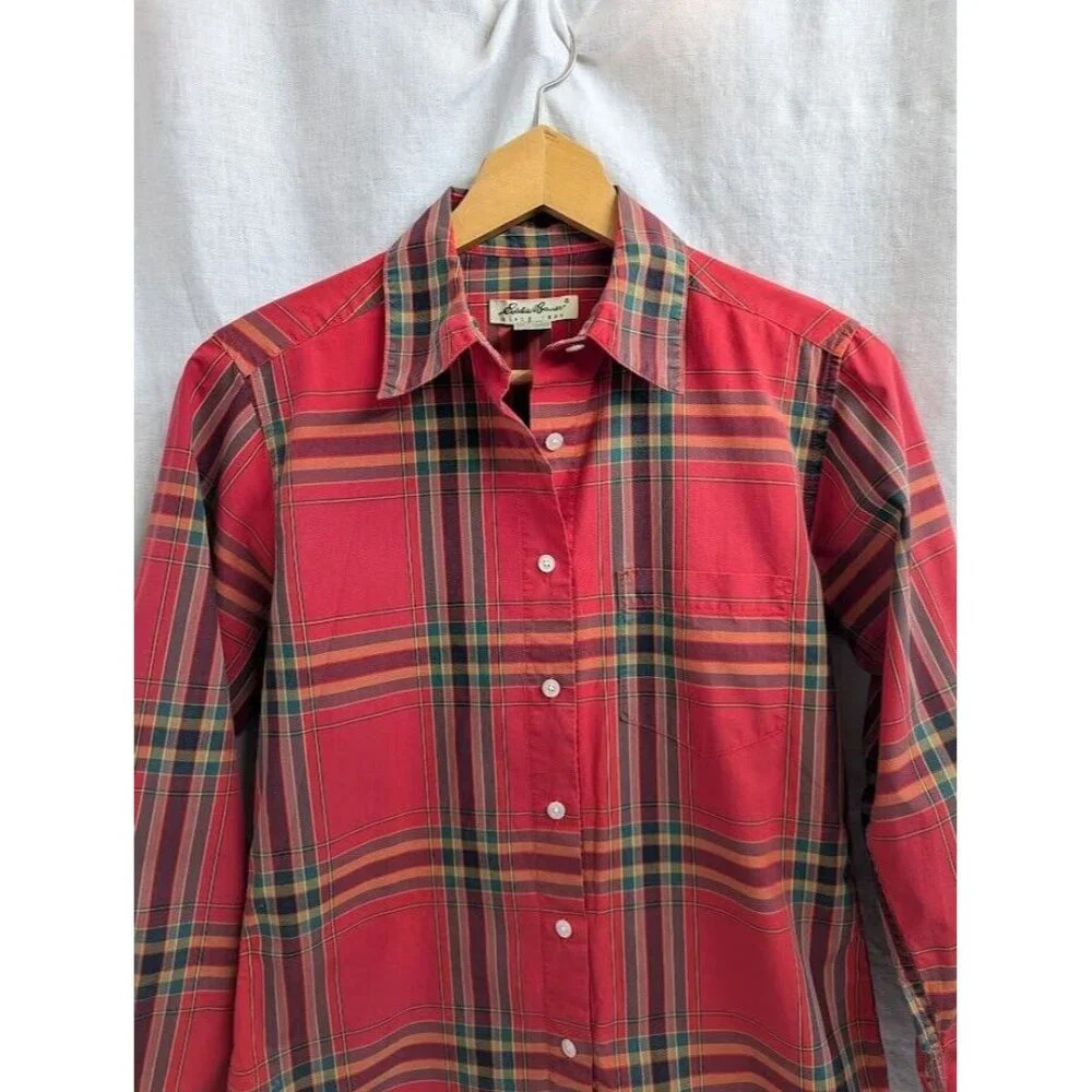 Eddie Bauer Christmas Plaid button up, red green yellow festive women's XS C11